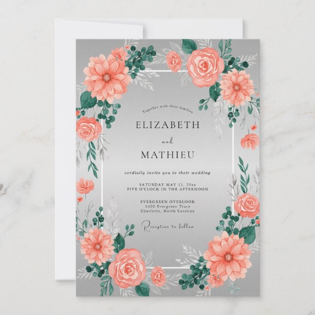 Invitación Boda floral de coral radiante plateado (Anverso)