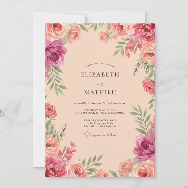 Invitación Boda Floral de Coral Rosa Florecimiento (Anverso)