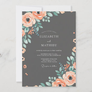 Invitación Boda floral de coral sofisticada con carbón