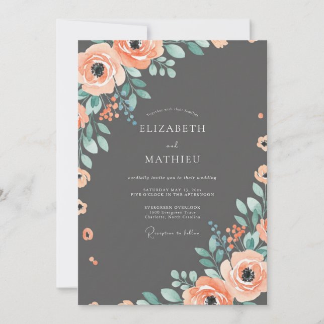 Invitación Boda floral de coral sofisticada con carbón (Anverso)
