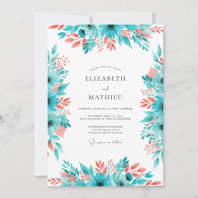 Invitación Boda Floral de Coral Teal (Anverso)