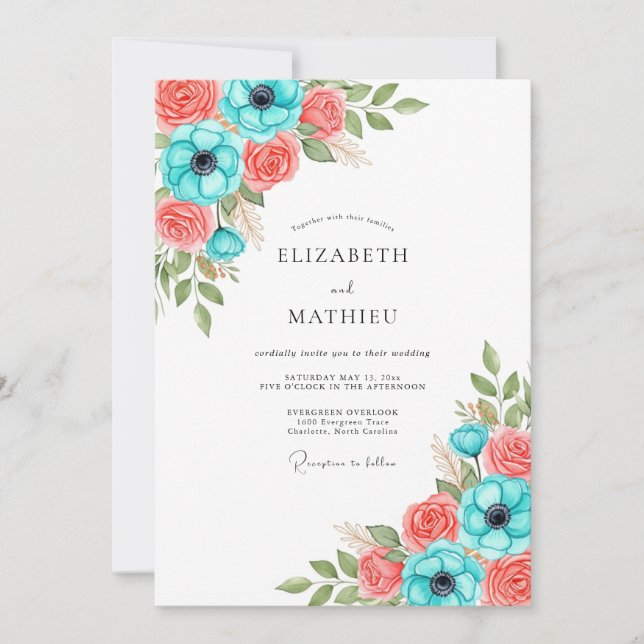 Invitación Boda floral de coral teñido (Anverso)