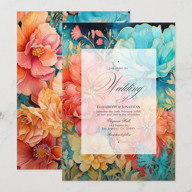 Invitación Boda floral de coral, turquesa y oro (Anverso / Reverso)