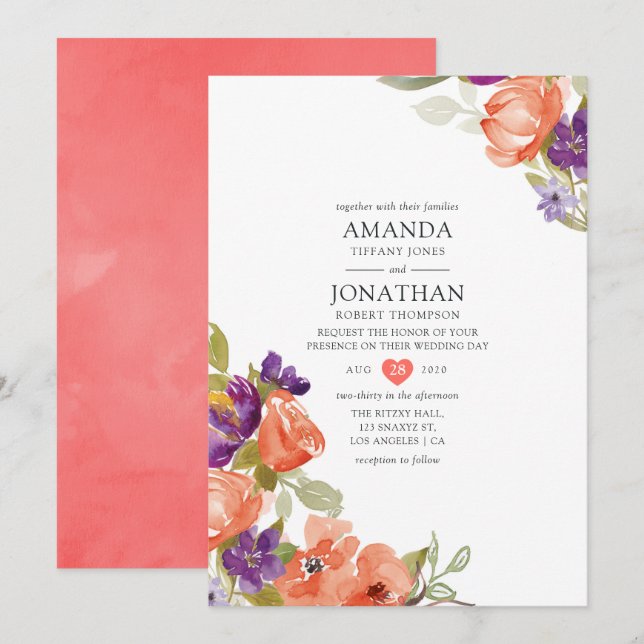 Invitación Boda floral de coral vivo (Anverso / Reverso)