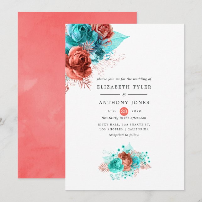 Invitación Boda Floral de coral vivo y turquesa (Anverso / Reverso)
