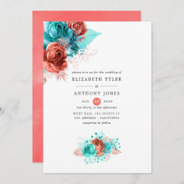 Invitación Boda Floral de coral vivo y turquesa