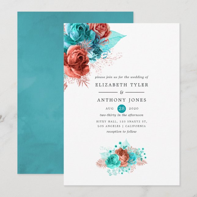 Invitación Boda Floral de coral vivo y turquesa (Anverso / Reverso)