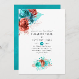 Invitación Boda Floral de coral vivo y turquesa