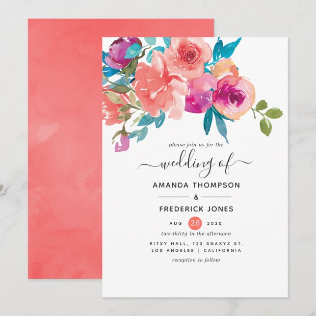 Invitación Boda Floral de Coral y Fandango (Anverso / Reverso)