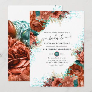 Invitación Boda floral de coral y turquesa española