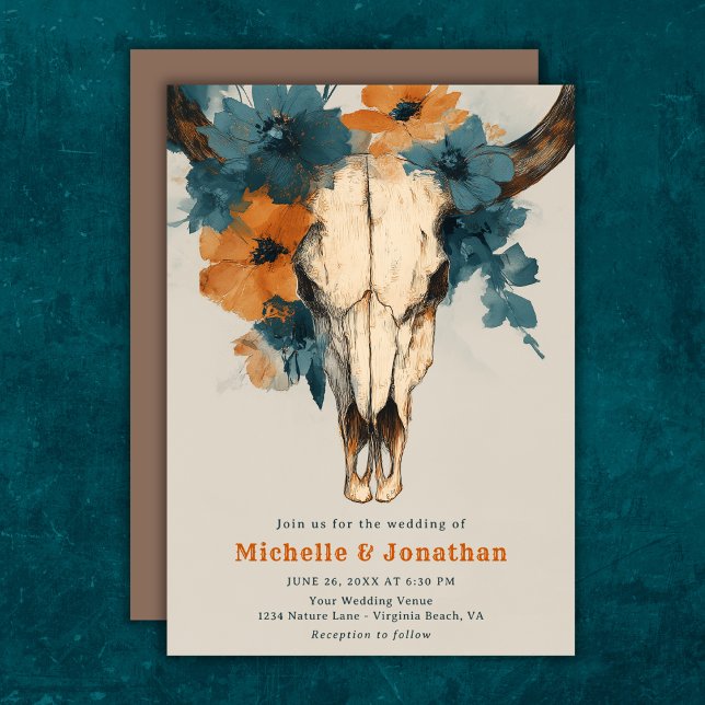 Invitación Boda floral de cráneo de vaca occidental de boho r (Rustic Boho Western Cow Skull Floral Wedding Invitation)