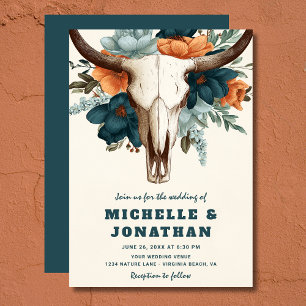 Invitación Boda floral de cráneo de vaca occidental de boho r