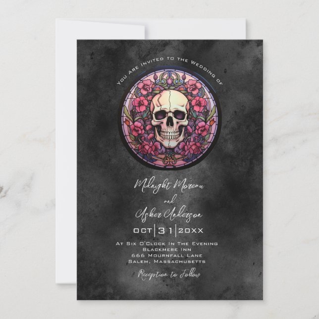 Invitación Boda floral de cráneo gótico (Anverso)