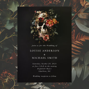 Invitación Boda floral de cráneo gótico de Halloween