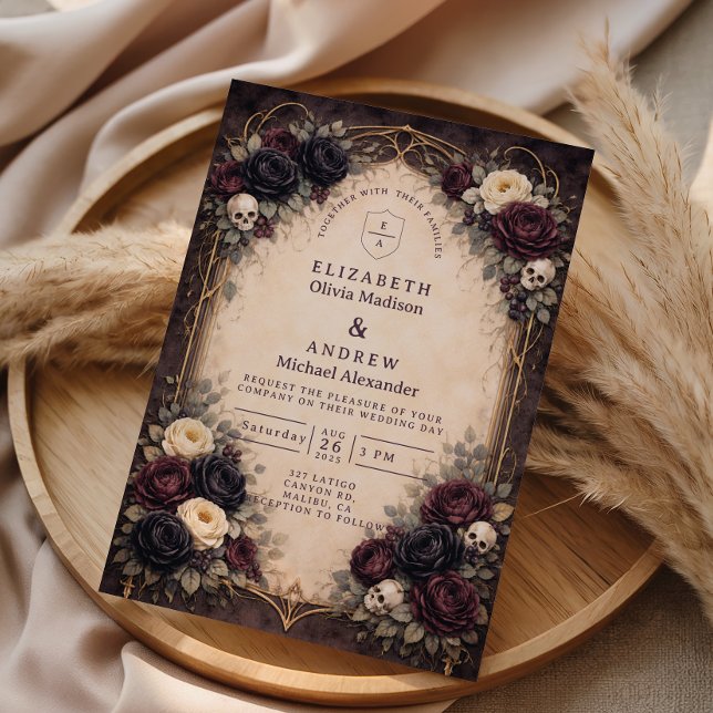 Invitación Boda Floral de Cráneo Gótico Oscuro (Subido por el creador)