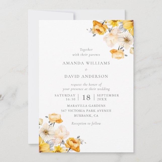 Invitación Boda floral de crema amarilla (Anverso)