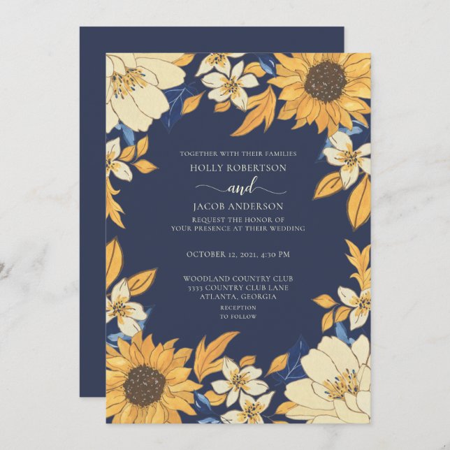 Invitación Boda floral de crema amarillo crema azul de giraso (Anverso / Reverso)