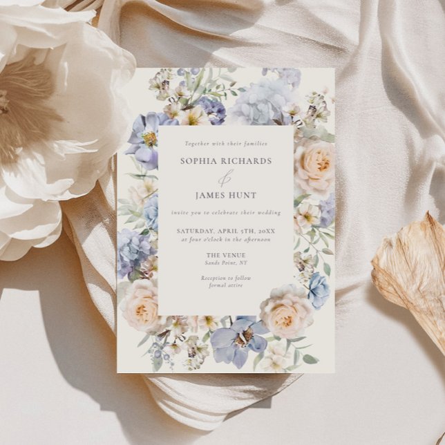 Invitación Boda floral de crema azul turbio (Subido por el creador)