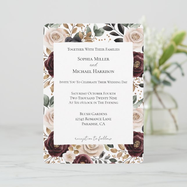 Invitación Boda floral de crema de borgoña (Anverso de pie)