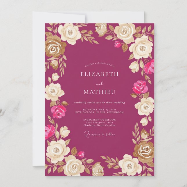 Invitación Boda floral de crema magenta (Anverso)