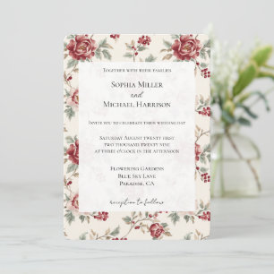 Invitación Boda floral de crema roja bastante chic