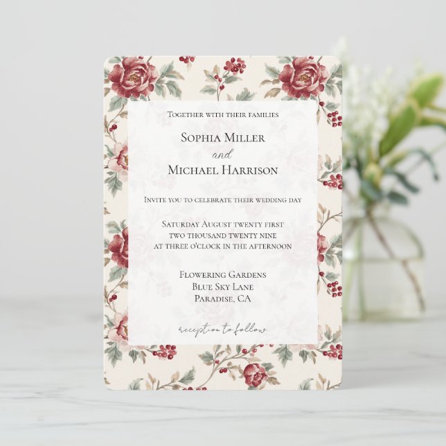 Invitación Boda floral de crema roja bastante chic (Anverso de pie)