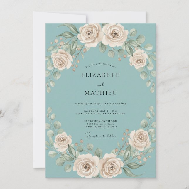 Invitación Boda Floral de Crema Verde Teal (Anverso)