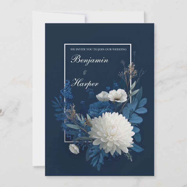 Invitación Boda Floral de Crisantemo Blanco Azul Marino (Anverso)