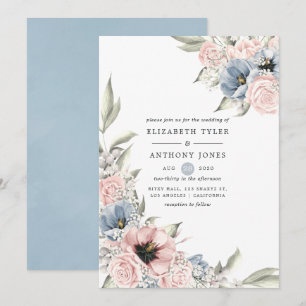 Invitación Boda floral de cuarzo rosa y azul serenidad