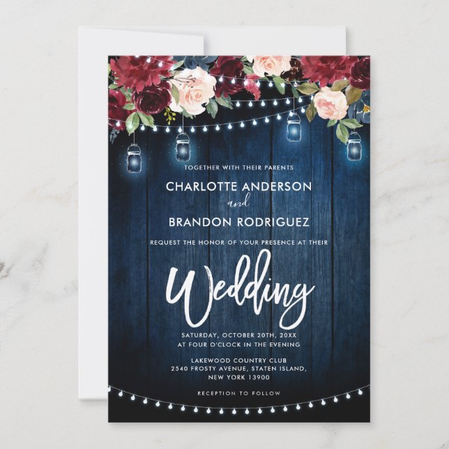 Invitación Boda floral de cuerda ruidosa de la Marina de Borg (Anverso)