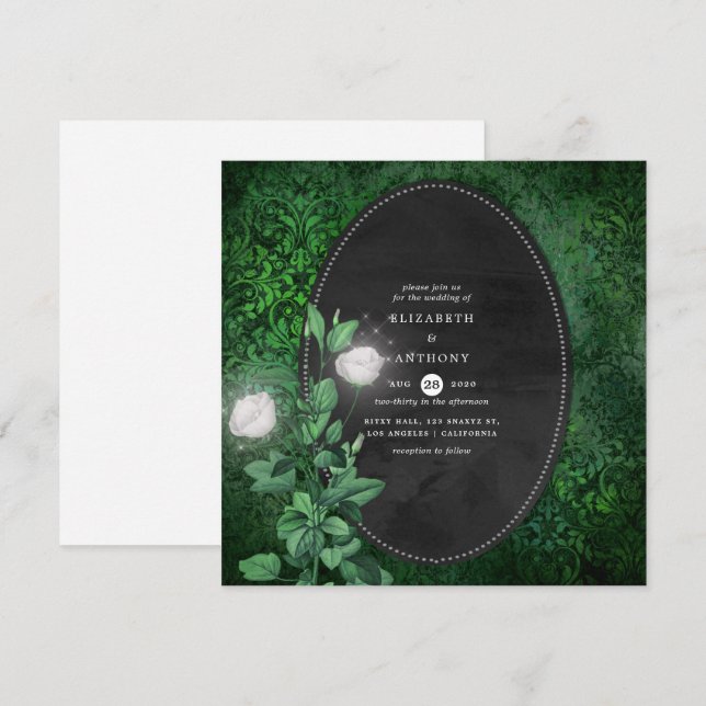 Invitación Boda floral de Damasco blanco y verde esmeralda (Anverso / Reverso)