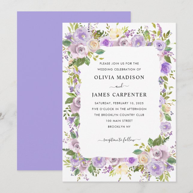 Invitación Boda floral de deshielo de lavanda púrpura suave (Anverso / Reverso)