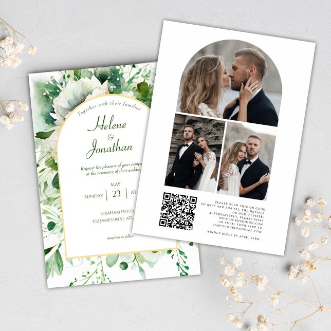 Invitación Boda floral de Emerald Green Photo QR Code (Emerald Green Photo QR Code Floral Wedding Invitation)