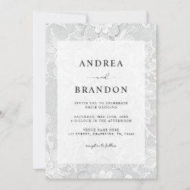 Invitación Boda Floral de Encaje Blanco y Negro Vintage