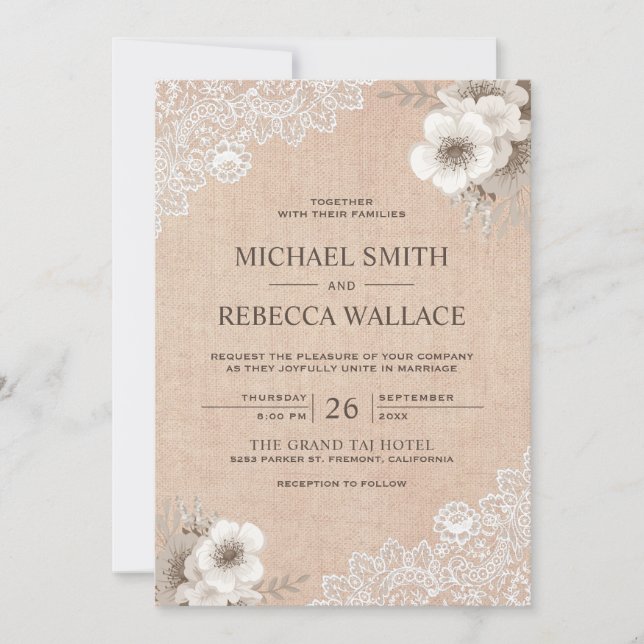 Invitación Boda Floral de Encaje de Arpillera Rústica Campest (Anverso)