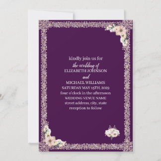 Invitación Boda Floral de Encaje Dorado Morado Oscuro Real