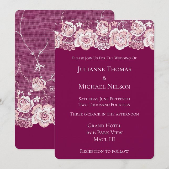 Invitación Boda floral de encaje rosa romántico (Anverso / Reverso)