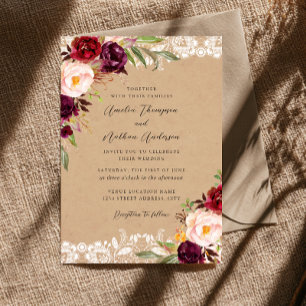 Invitación Boda Floral de Encaje Rústico Borgoña