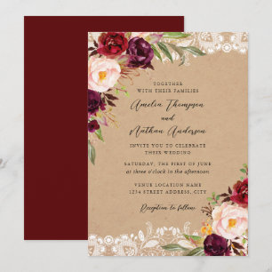 Invitación Boda Floral de Encaje Rústico Borgoña