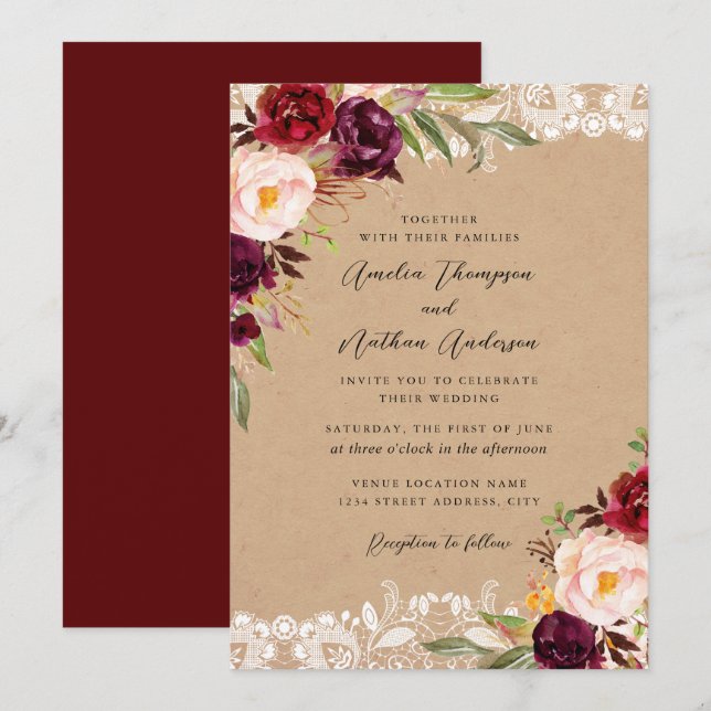 Invitación Boda Floral de Encaje Rústico Borgoña (Anverso / Reverso)