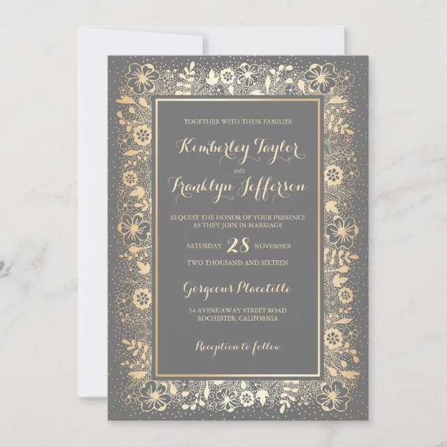 Invitación Boda floral de época dorada elegante (Anverso)