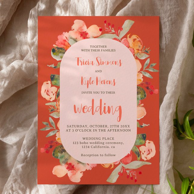 Invitación Boda floral de escritura de terracota de otoño de  (Modern Boho fall terracotta script floral wedding Invitation)