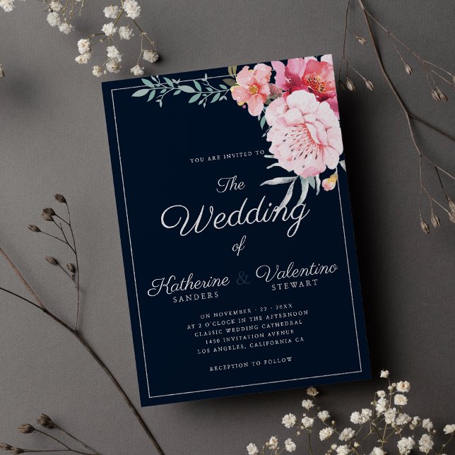 Invitación Boda floral de escritura formal de menta rosa azul (Navy blue pink mint formal script floral wedding )