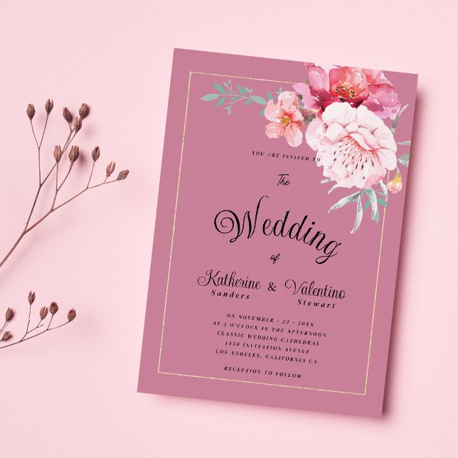 Invitación Boda floral de escritura formal de menta rosa botá (Botanical pink mint formal script floral wedding )
