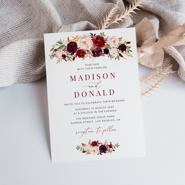 Invitación Boda floral de escritura moderna de burdeos y rubo (Subido por el creador)