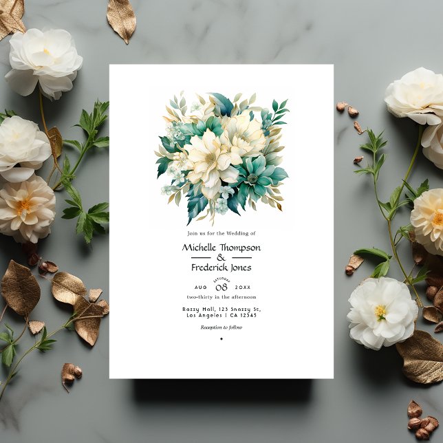 Invitación Boda floral de esmeralda, crema y oro (Subido por el creador)