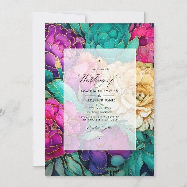 Invitación Boda floral de esmeralda, rosa caliente y oro (Anverso)