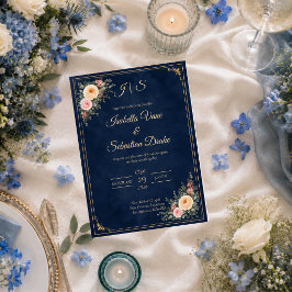 Invitación Boda floral de esquina en elegante navy