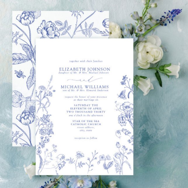 Invitación Boda floral de estilo formal Chinoiserie azul vict (Subido por el creador)