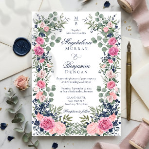 Invitación Boda floral de eucalipto azul marino rosa